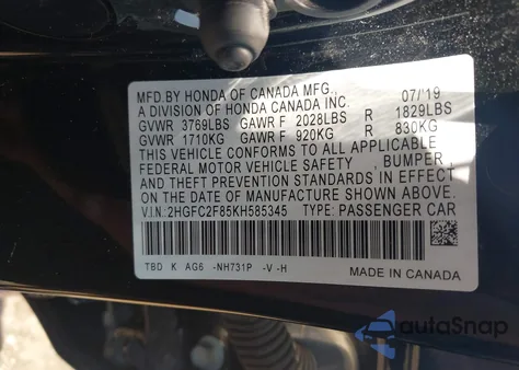 2019 Honda Civic Sport z USA, uszkodzony, nr VIN 2HGFC2F85KH585345